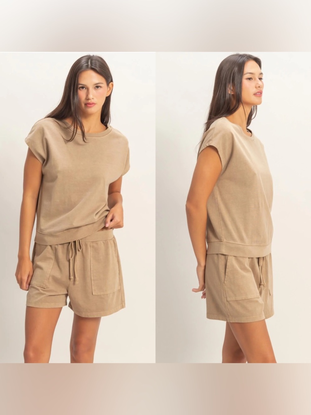 NEW Double Zero Mocha Cotton Lounge Set Sleeveless Crew Neck Shorts Set Large - Picture 6 of 7